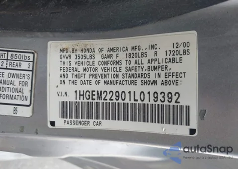 2001 Honda Civic Ex from USA, damaged, VIN 1HGEM22901L019392